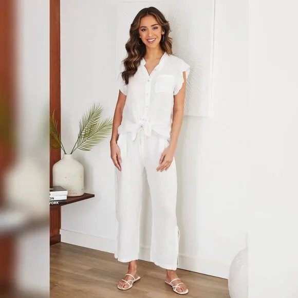 (8093-ROY) SOLID RUFFLE SHORT SLEEVE CHEST POCKET BUTTON DOWN LINEN TOP - Picture 6 of 6